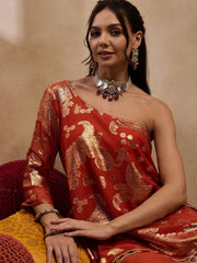 One Shoulder Assymettric Top With Dhoti In Rust Color