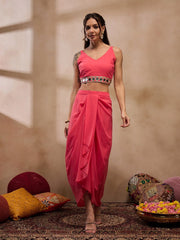 Crop Top With Draped Skirt And Cape In Coral Color