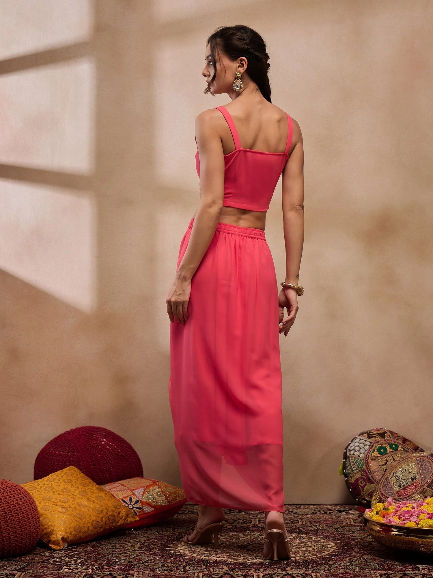 Coral Crop Top & Skirt Set | Designer Lehenga for Women