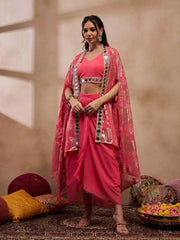 Crop Top With Draped Skirt And Cape In Coral Color