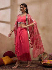 Crop Top With Draped Skirt And Cape In Coral Color