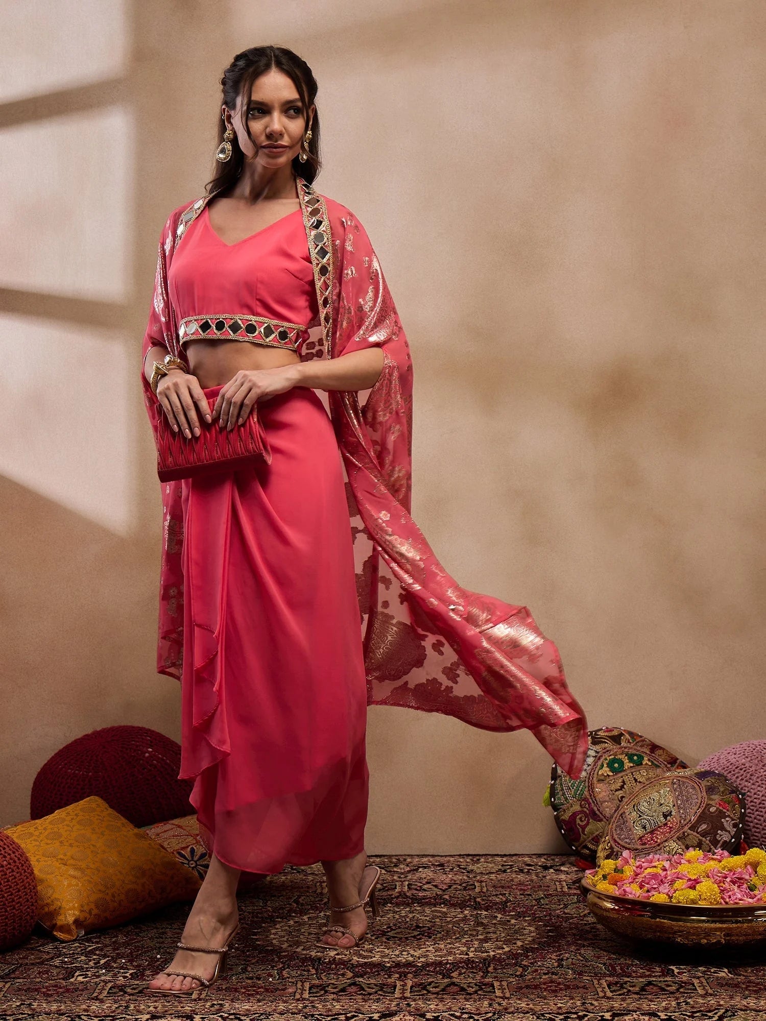 Coral Crop Top & Skirt Set | Designer Lehenga for Women