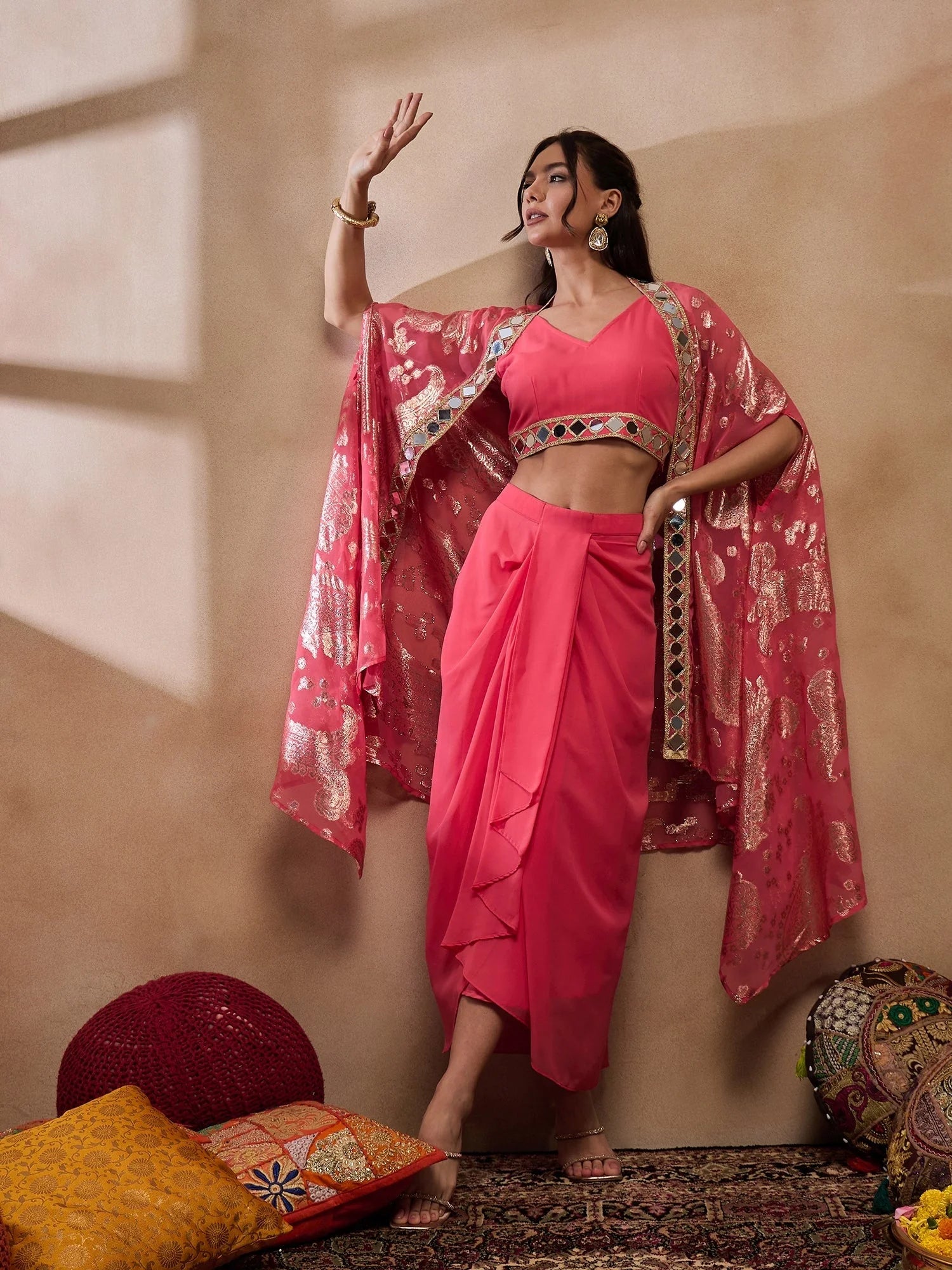 Coral Crop Top & Skirt Set | Designer Lehenga for Women