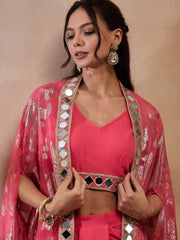 Crop Top With Draped Skirt And Cape In Coral Color