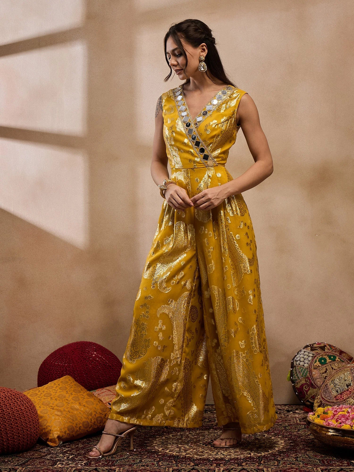 Overlap Neck Jumpsuit In Yellow Color