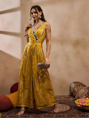 Overlap Neck Jumpsuit In Yellow Color