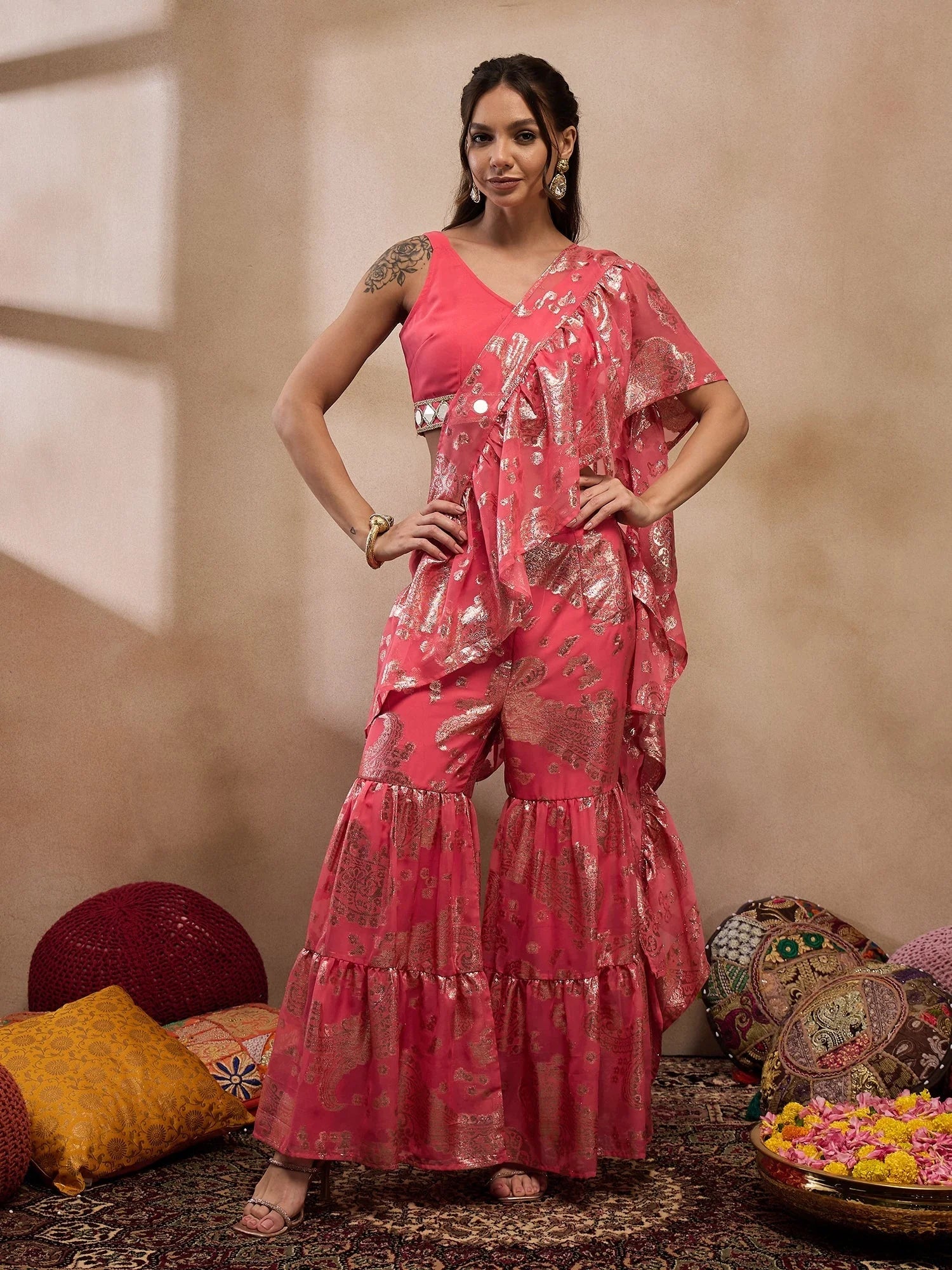 Coral Crop Top Sharara Suit: Designer Sharara Sets for Women