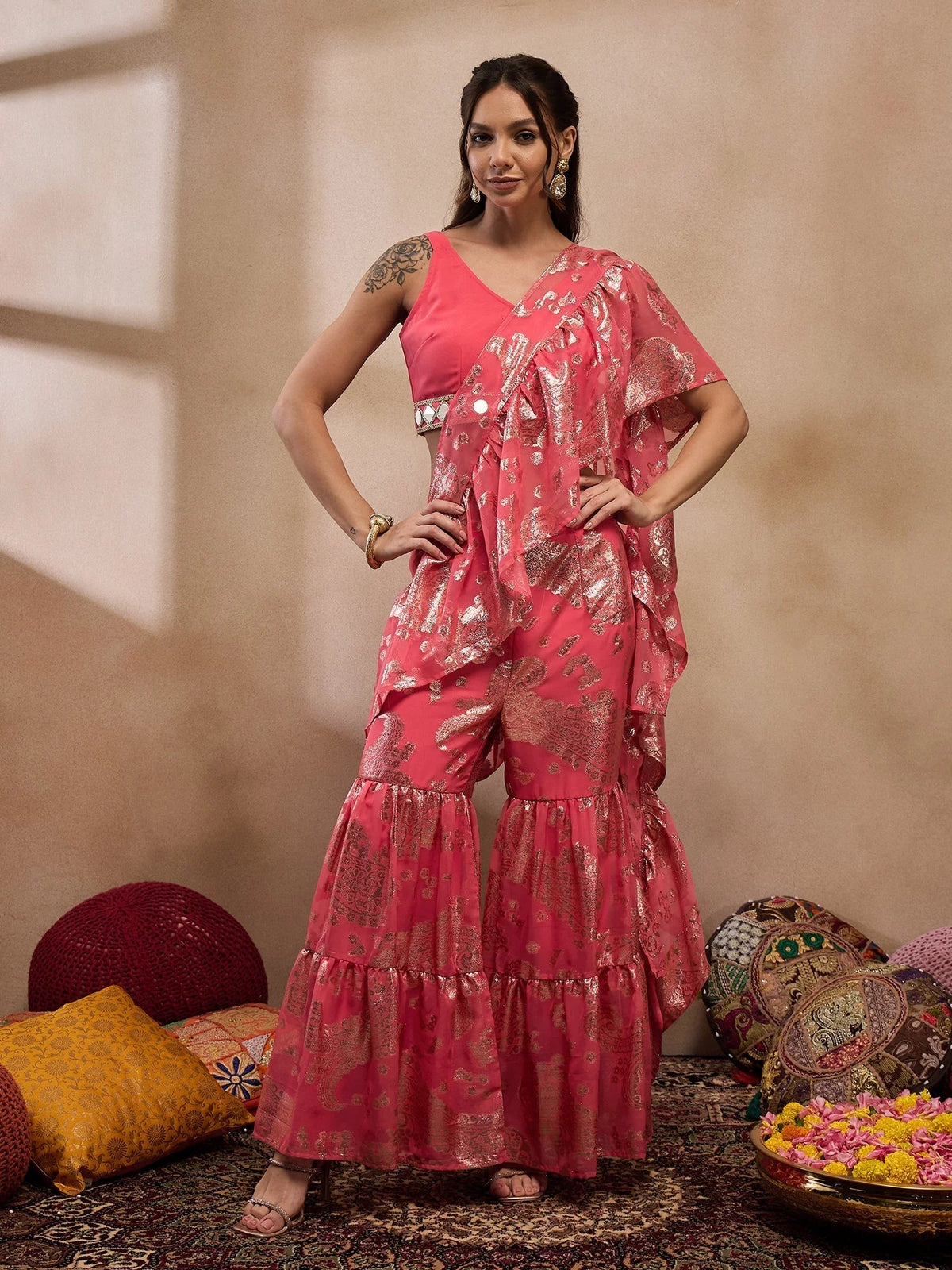 Crop Top With Sharara And Frill Dupatta In Coral Color