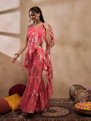 Crop Top With Sharara And Frill Dupatta In Coral Color