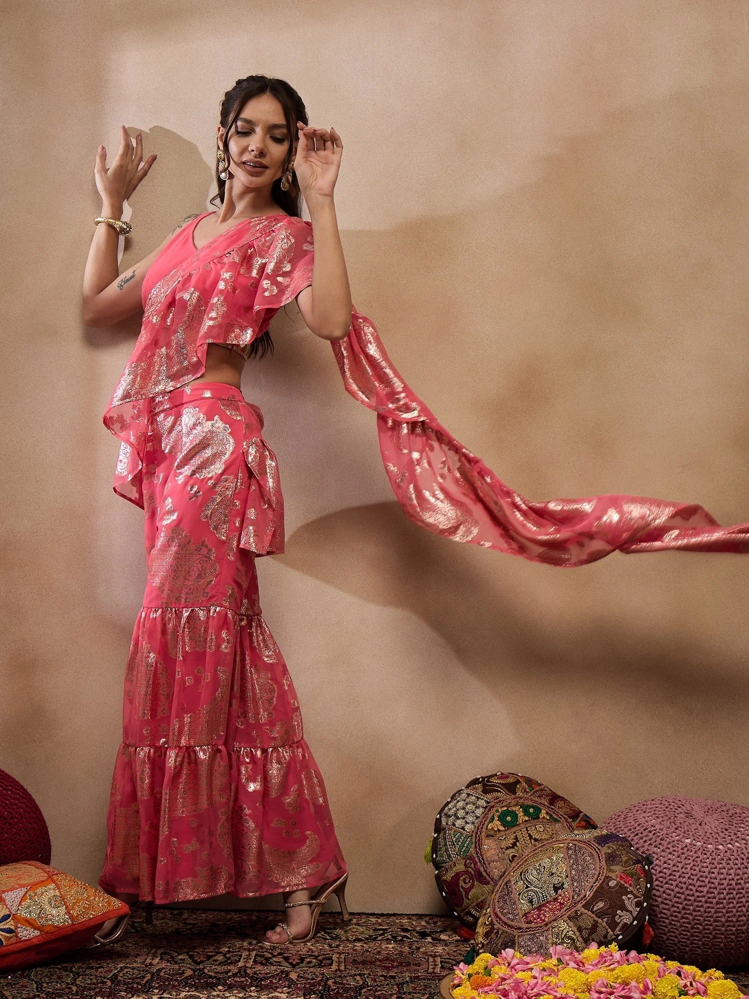 Coral Crop Top Sharara Suit: Designer Sharara Sets for Women
