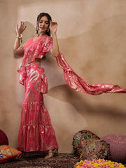 Crop Top With Sharara And Frill Dupatta In Coral Color
