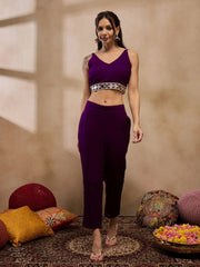 Jacket With Crop Top And Pants In Purple Color