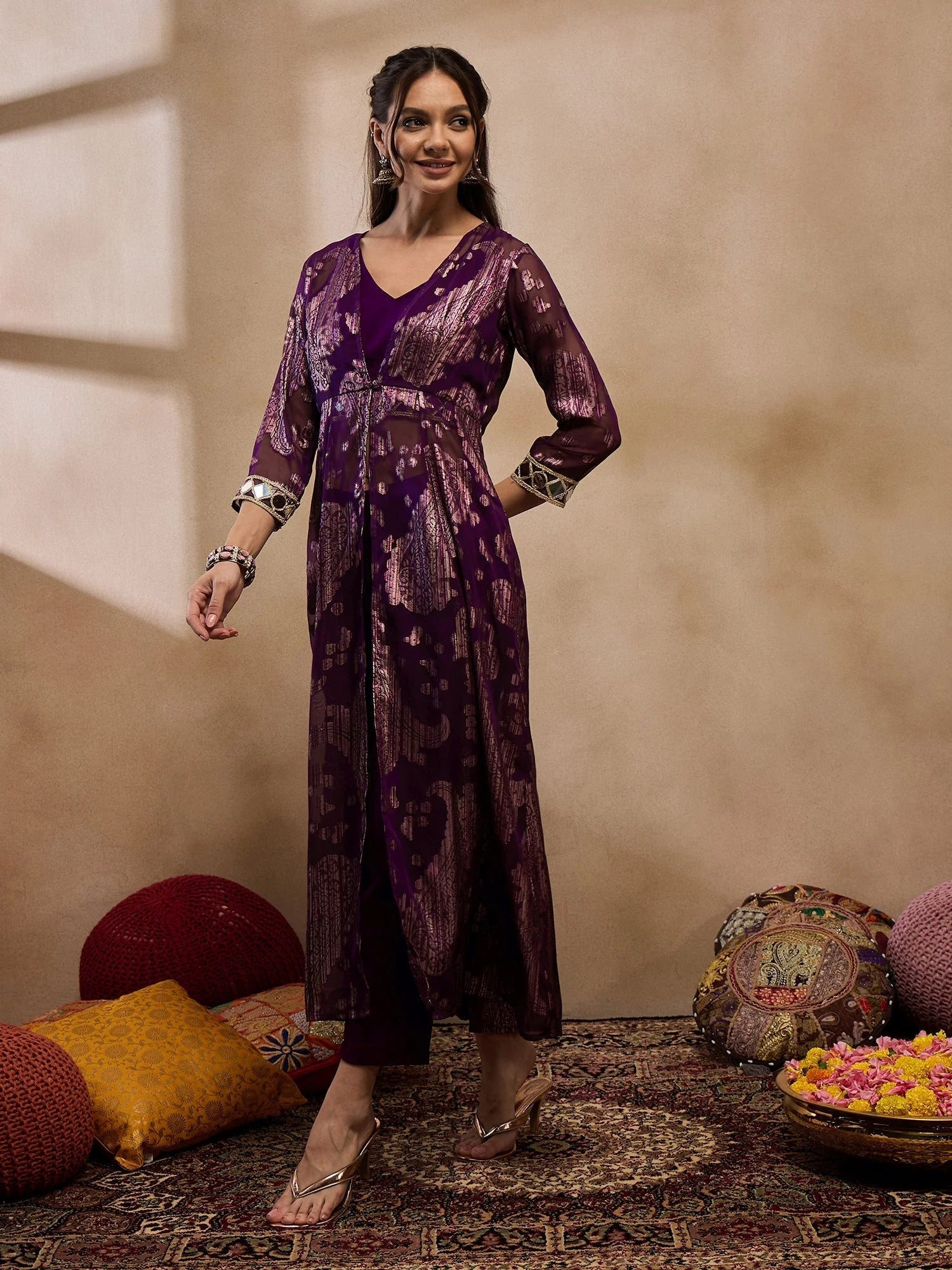 Purple Jacket, Crop Top & Pants - Women's Western Clothing Set