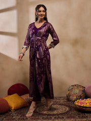 Jacket With Crop Top And Pants In Purple Color