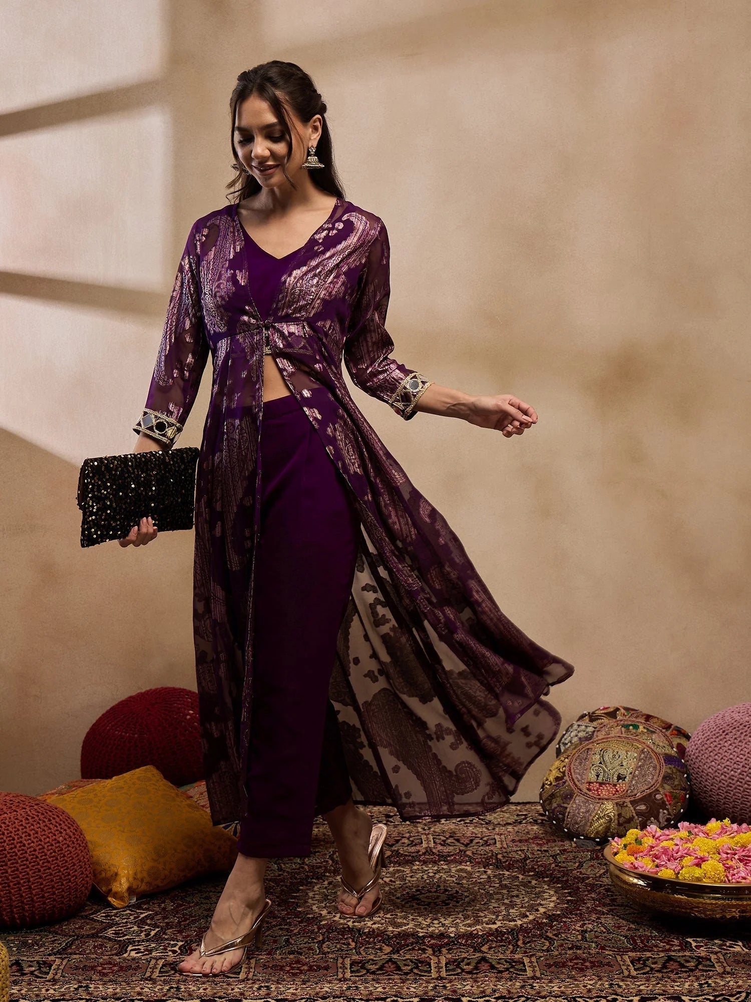 Purple Jacket, Crop Top & Pants - Women's Western Clothing Set