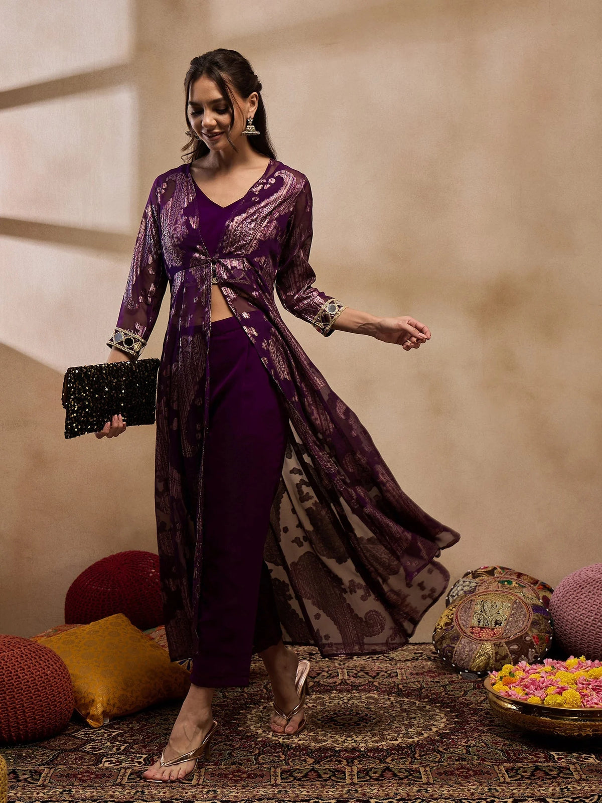 Jacket With Crop Top And Pants In Purple Color