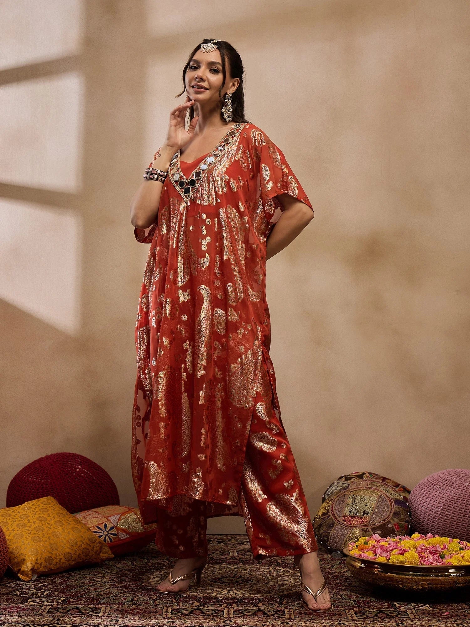 Rust Kaftan With Pants: Long Kaftan Dresses for Women
