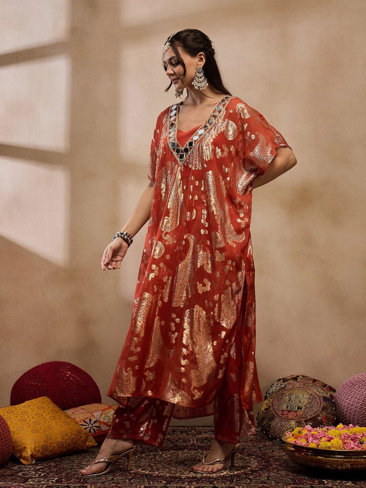 Rust Kaftan With Pants: Long Kaftan Dresses for Women