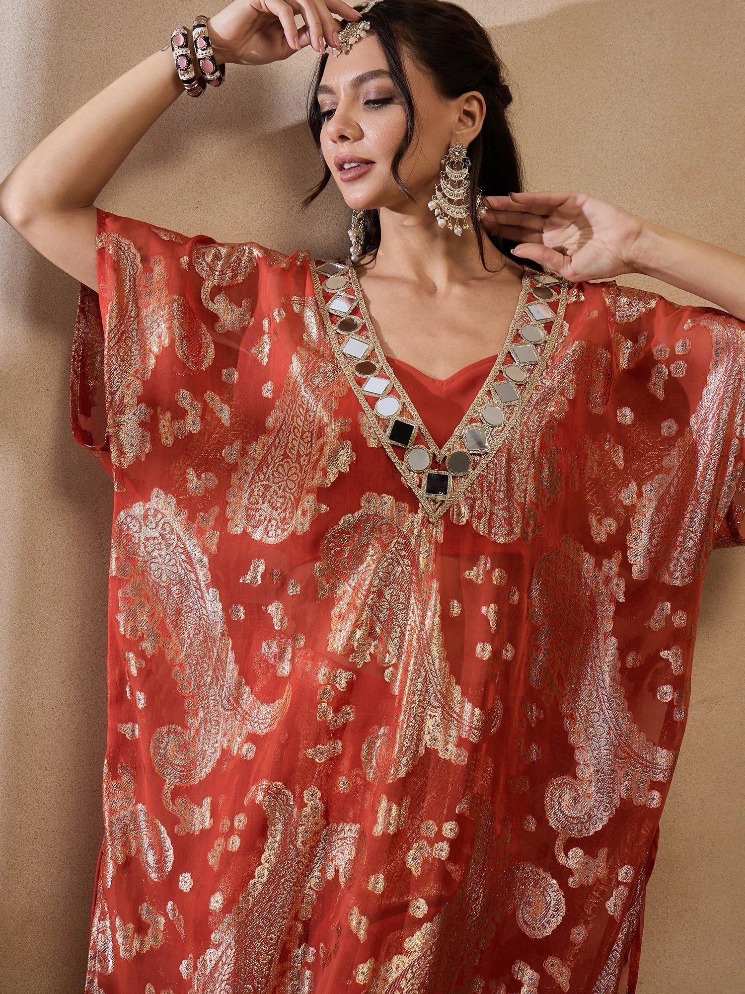 Rust Kaftan With Pants: Long Kaftan Dresses for Women