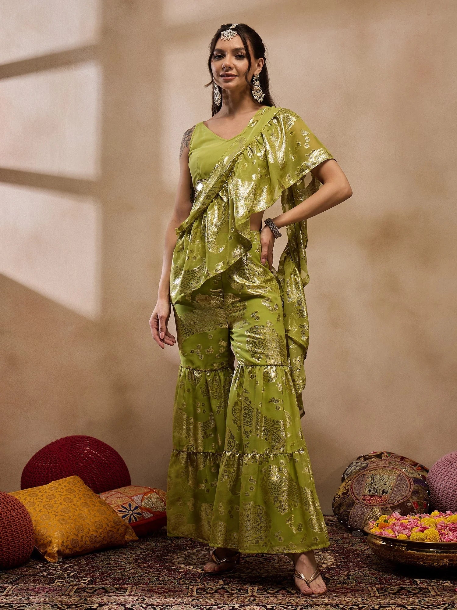 Olive Crop Top Sharara Suit: Designer Sharara Set for Women