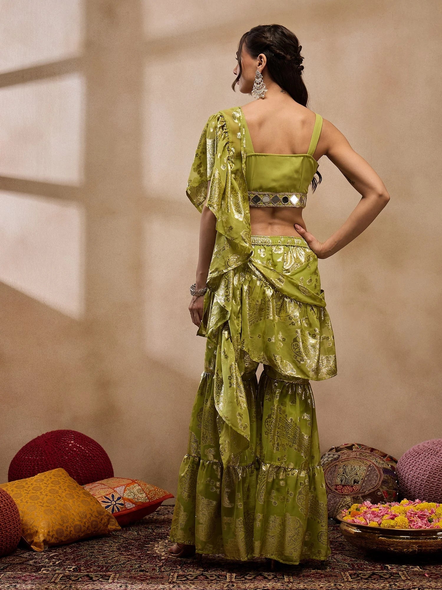 Olive Crop Top Sharara Suit: Designer Sharara Set for Women