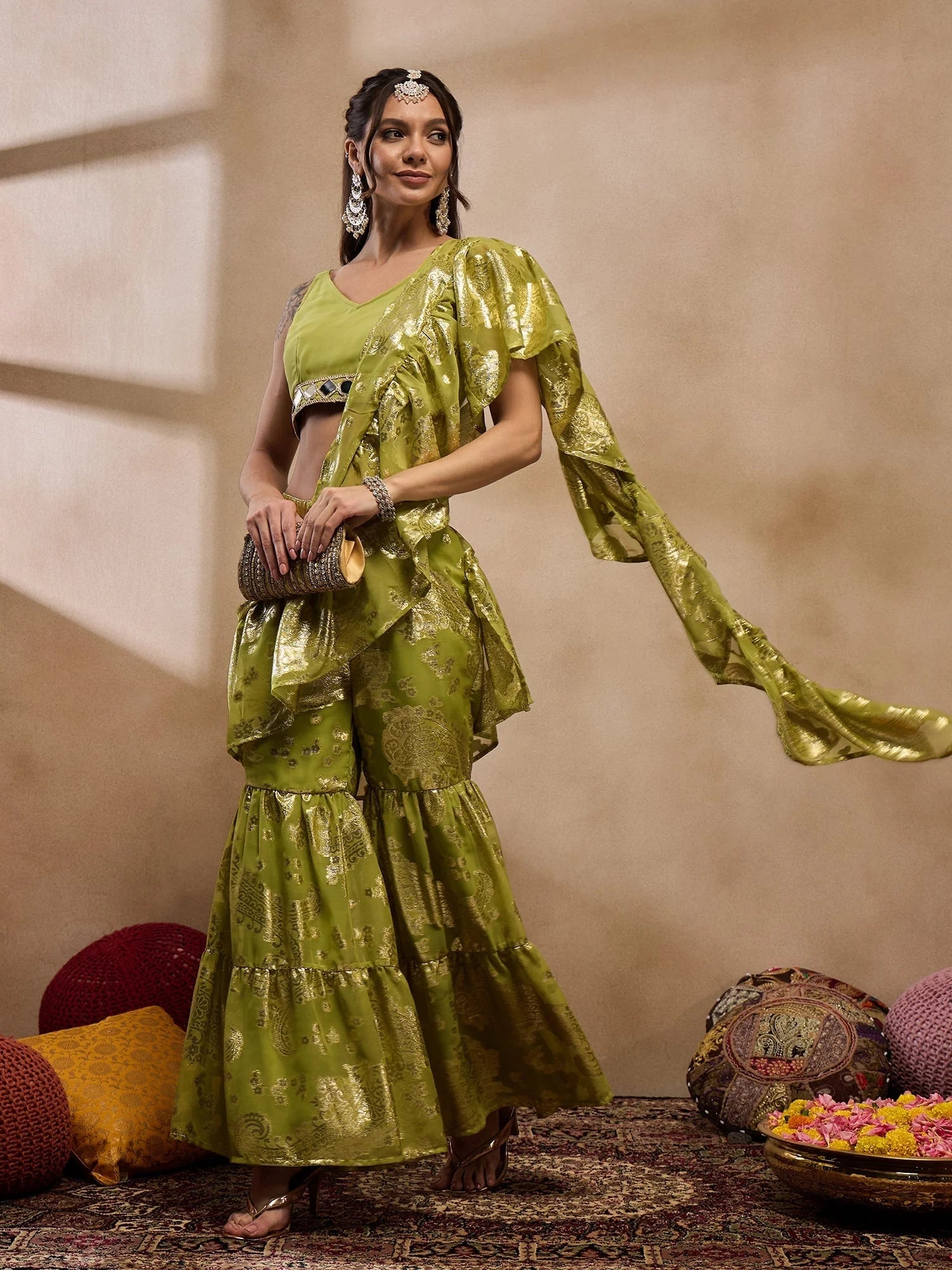 Olive Crop Top Sharara Suit: Designer Sharara Set for Women