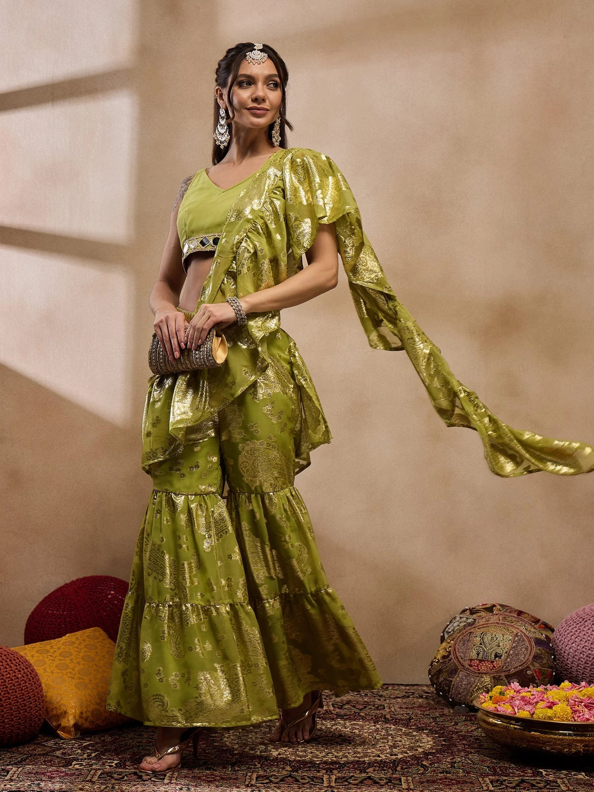 Crop Top With Sharara And Frill Dupatta In Olive Color