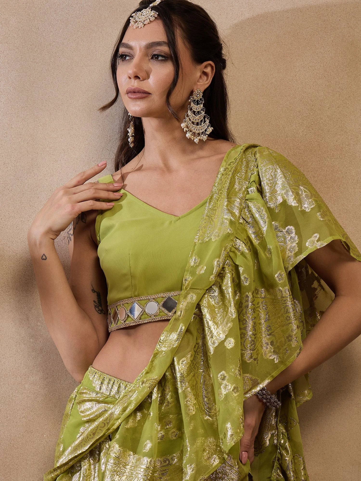 Olive Crop Top Sharara Suit: Designer Sharara Set for Women