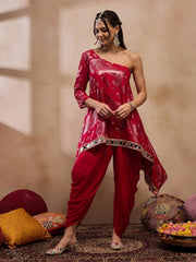 One Shoulder Assymettric Top With Dhoti In Red Color