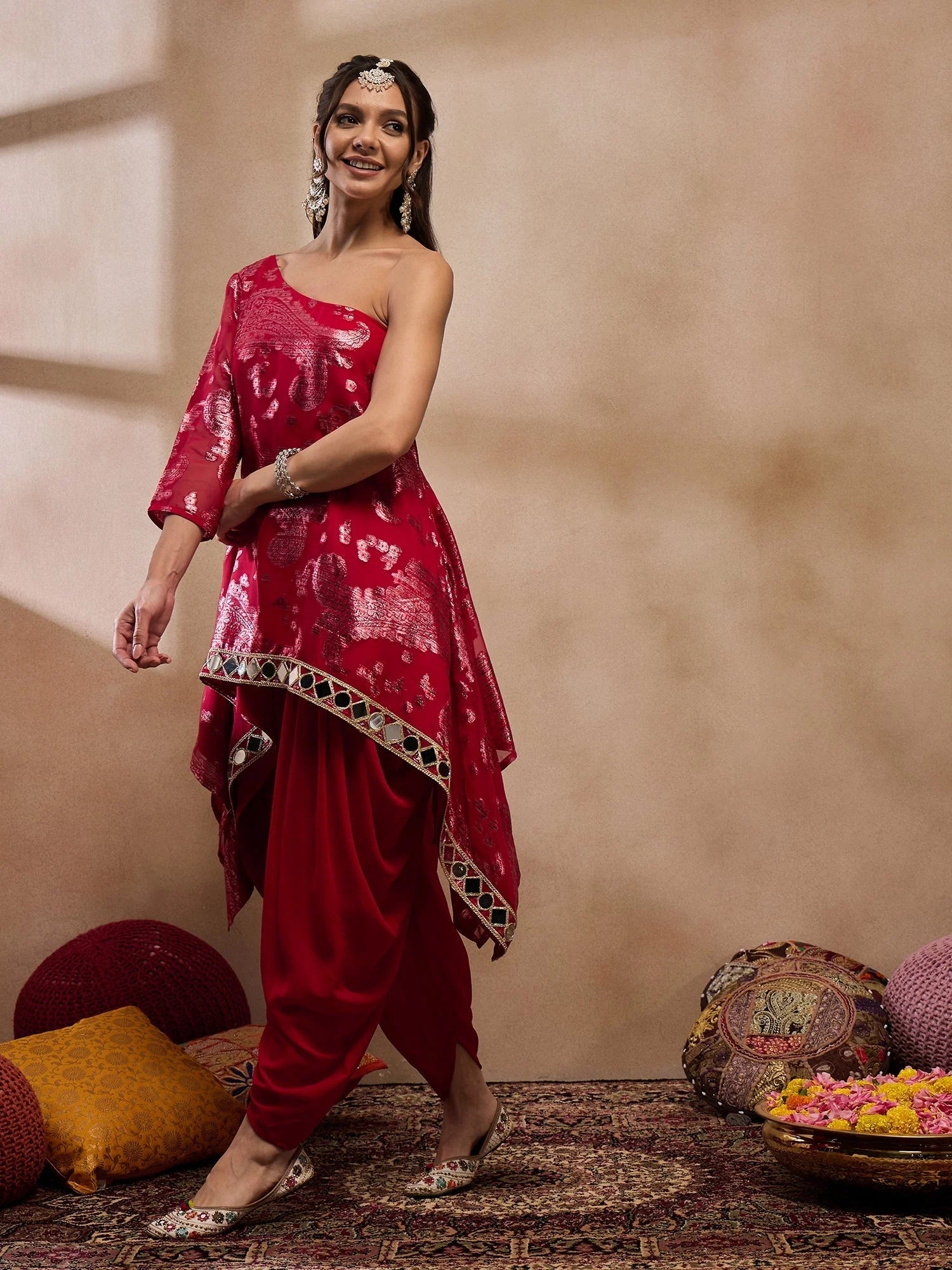 Red Dhoti Pants Outfit - One Shoulder Top | Women's Dhoti Sets