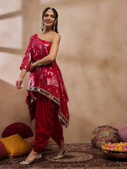 One Shoulder Assymettric Top With Dhoti In Red Color