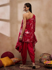 One Shoulder Assymettric Top With Dhoti In Red Color