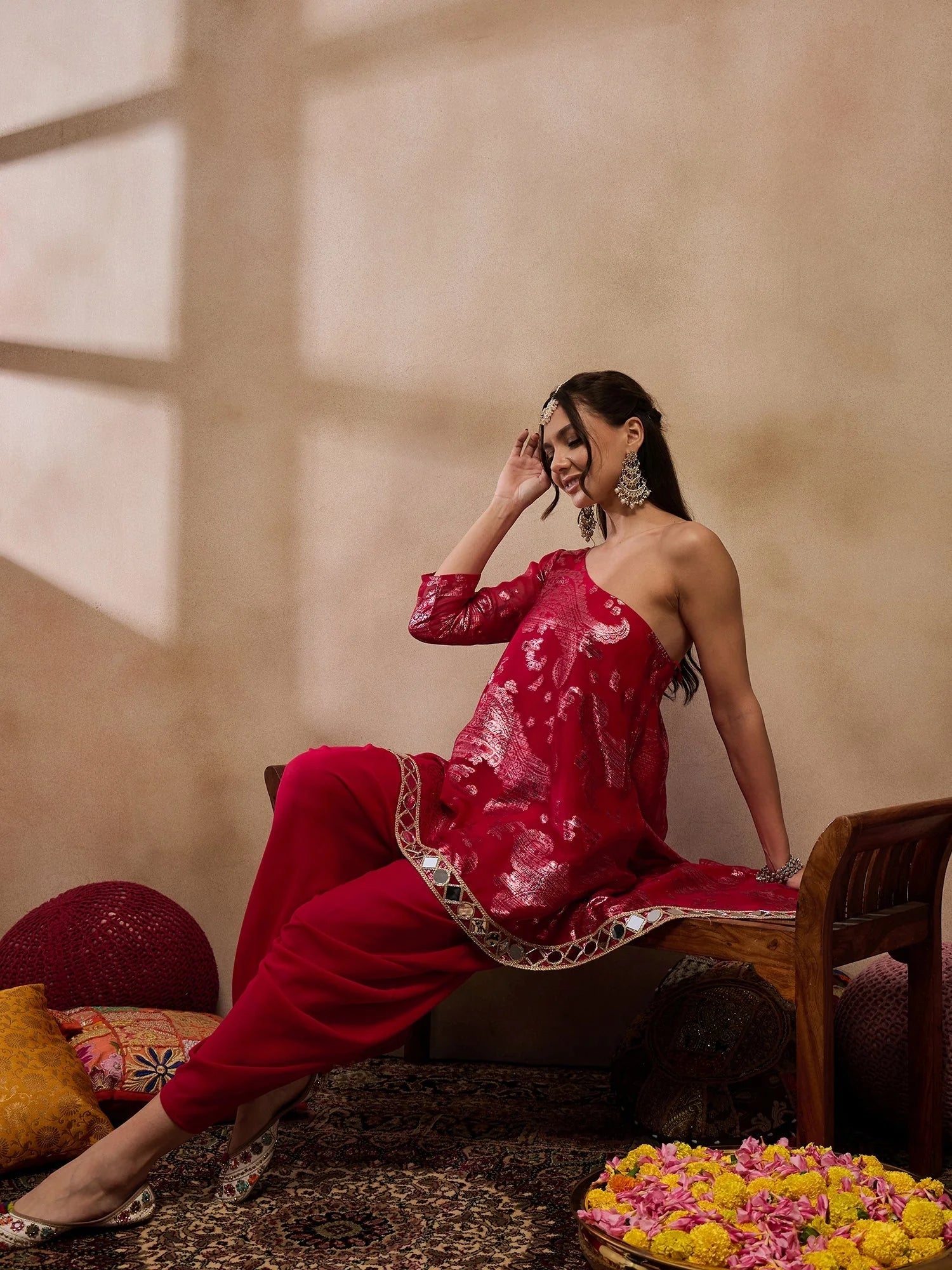 Red Dhoti Pants Outfit - One Shoulder Top | Women's Dhoti Sets