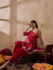 One Shoulder Assymettric Top With Dhoti In Red Color