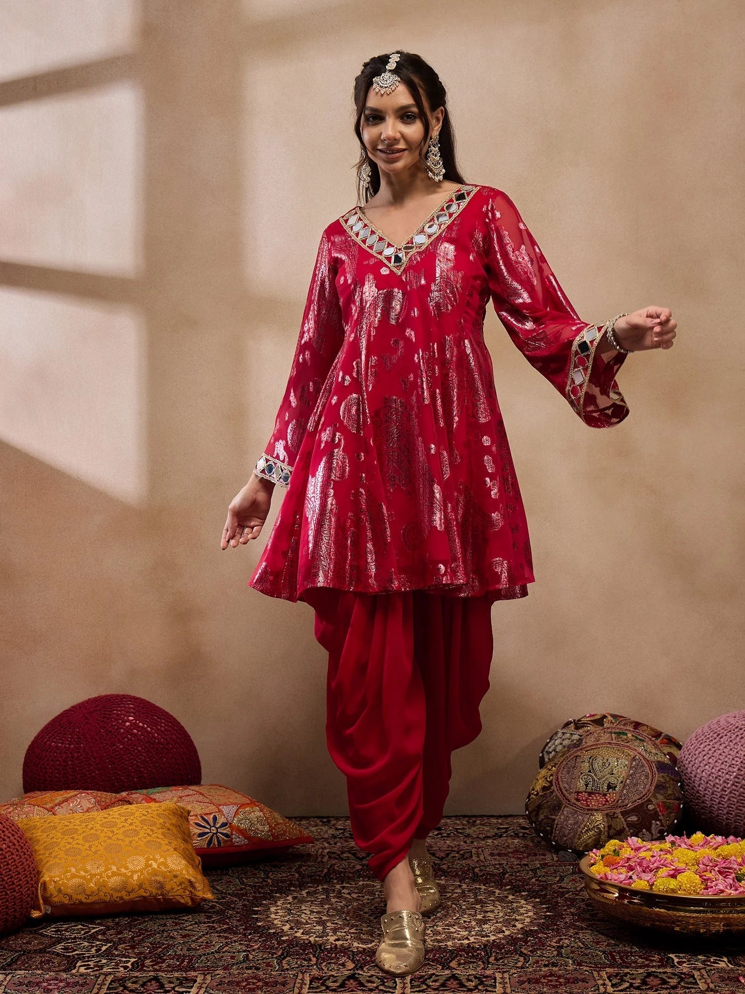 Red Flare Kurta Dhoti Pants - Stylish Women's Dhoti Kurta Set