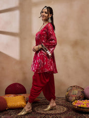 Flare Kurta With Dhoti Pants In Red Color