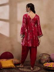 Flare Kurta With Dhoti Pants In Red Color