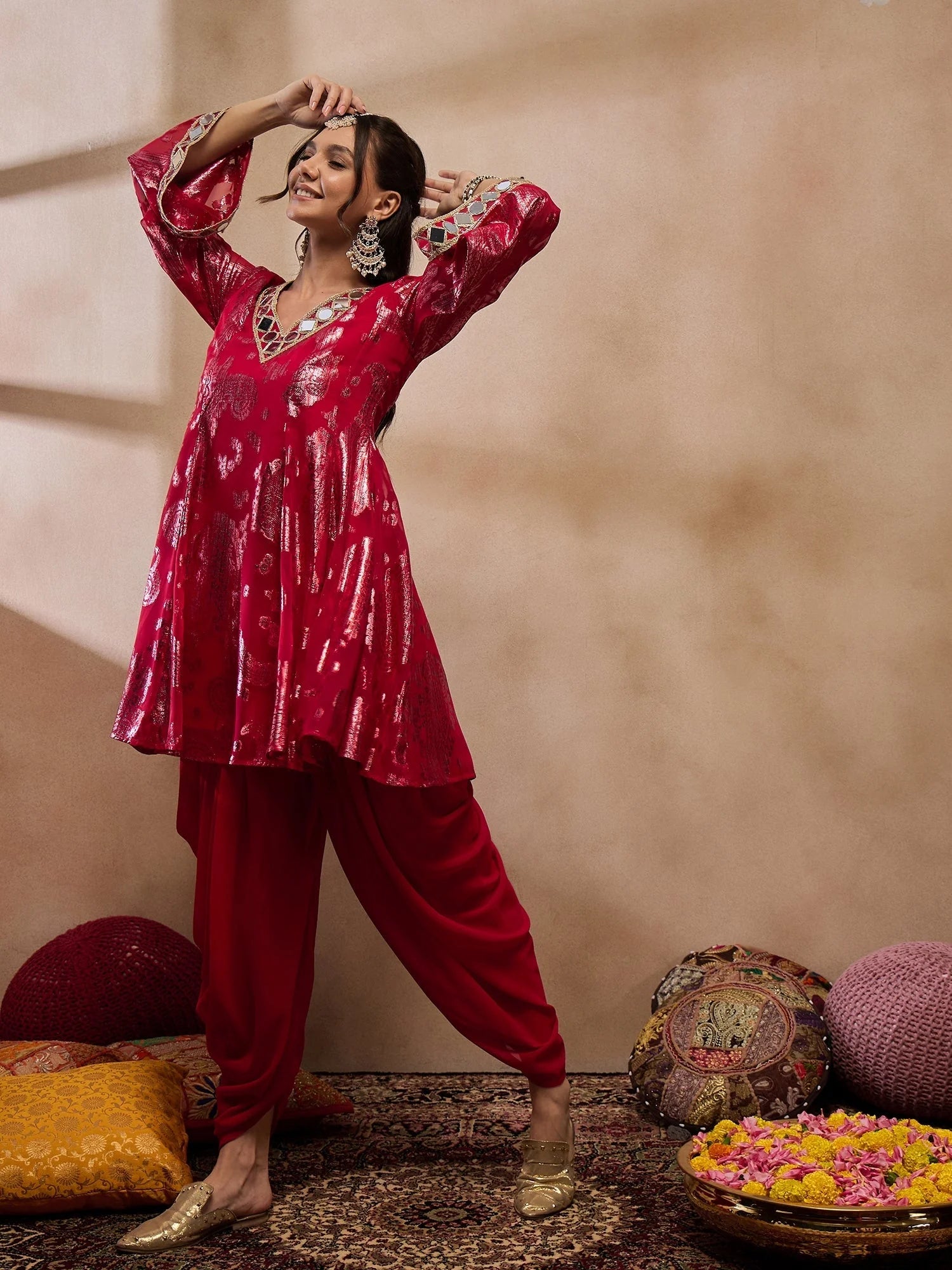 Red Flare Kurta Dhoti Pants - Stylish Women's Dhoti Kurta Set