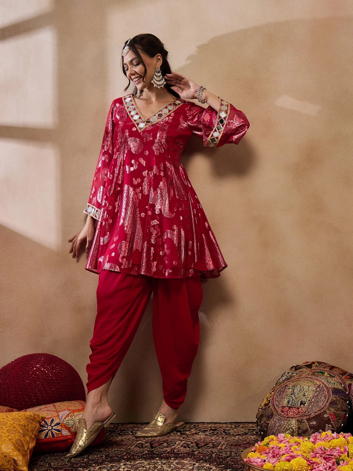 Red Flare Kurta Dhoti Pants - Stylish Women's Dhoti Kurta Set