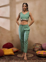 Jacket With Crop Top And Pants In Sea Green Color