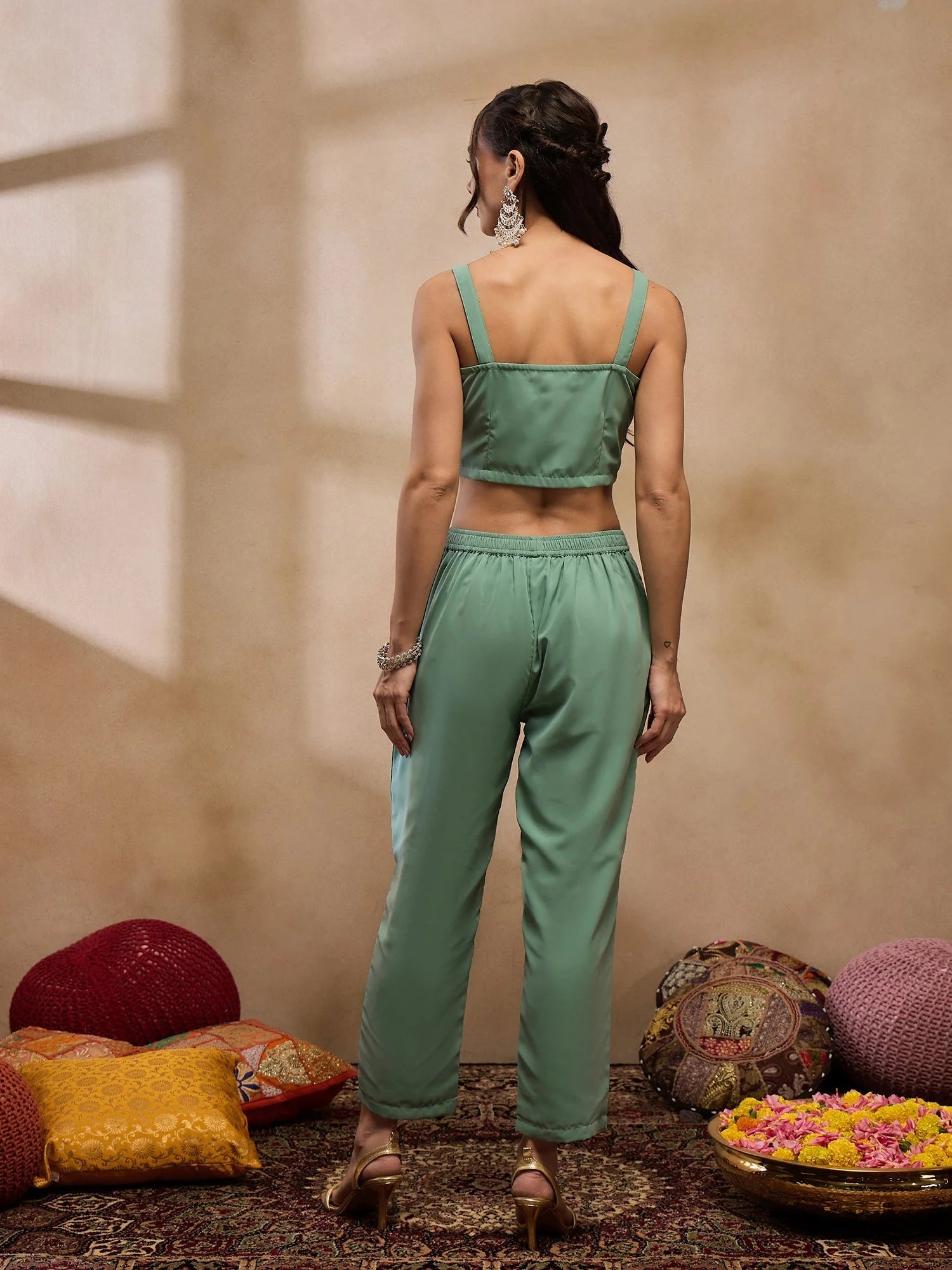 Sea Green Jacket, Crop Top & Pants - Western Outfits for Women