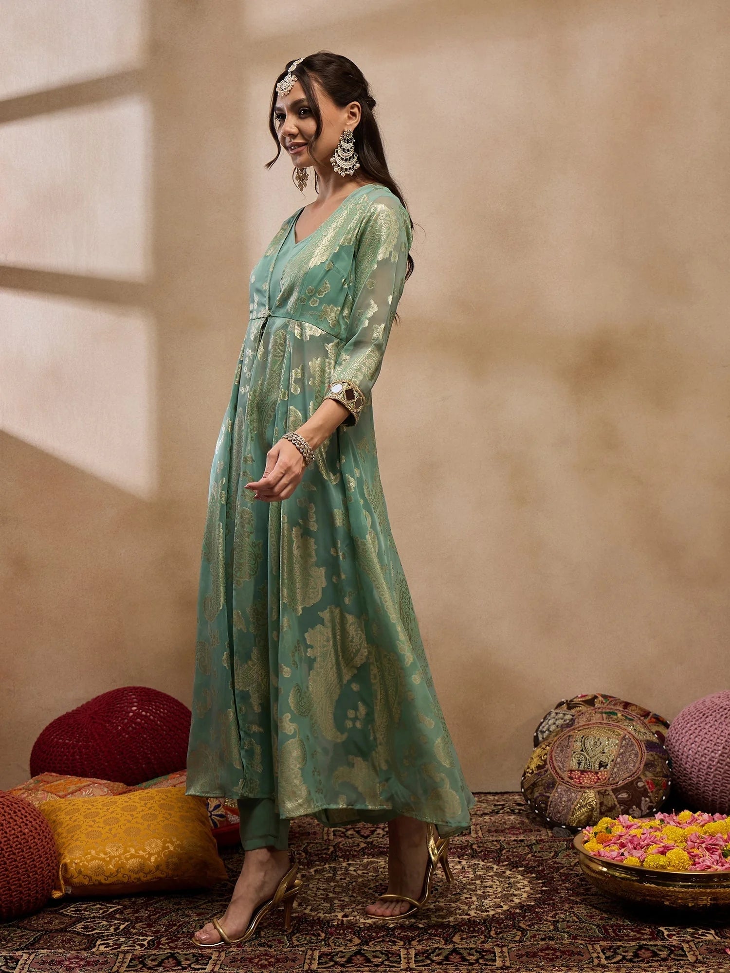 Sea Green Jacket, Crop Top & Pants - Western Outfits for Women