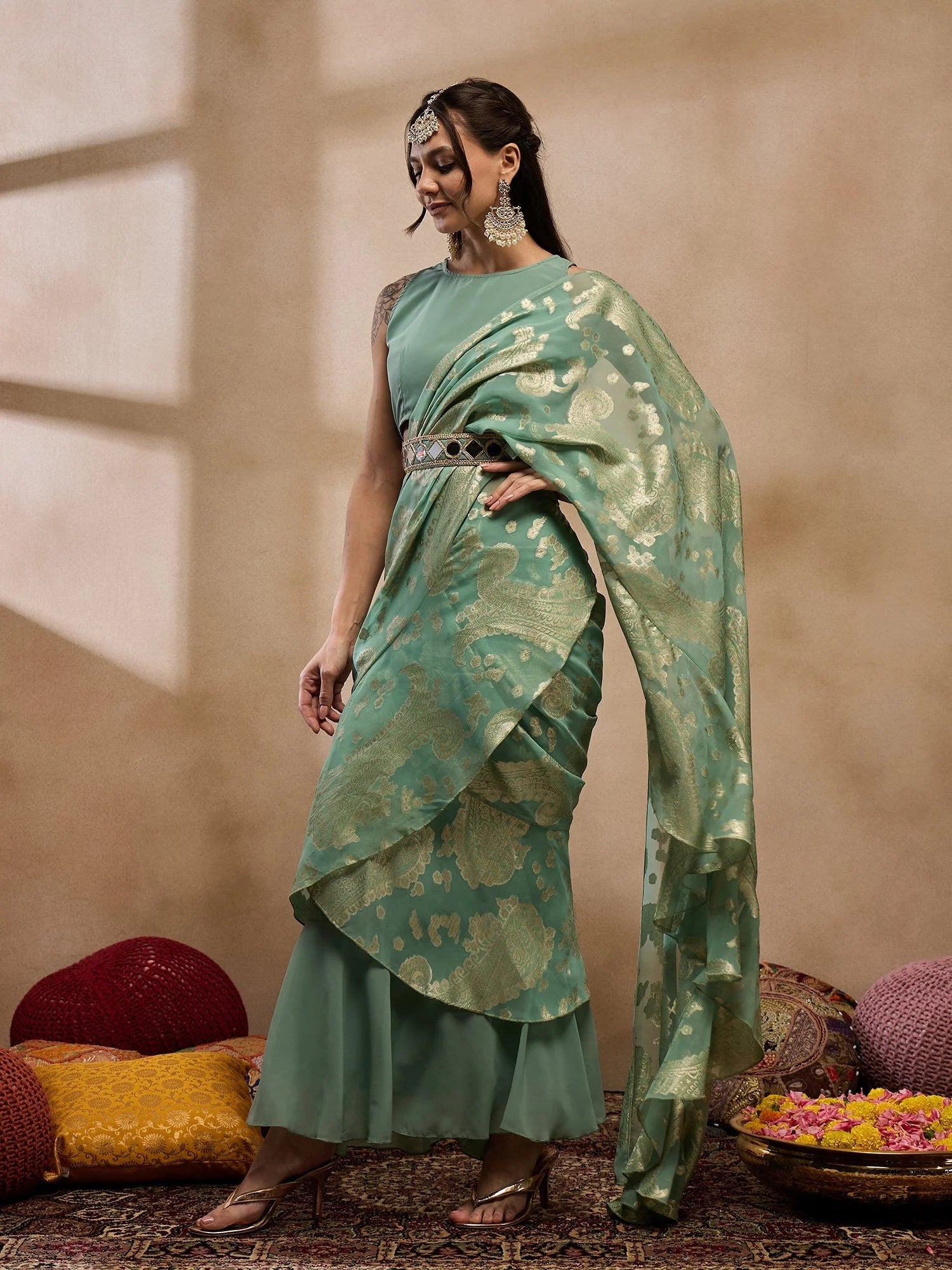 Sea Green Pre-Draped Indian Saree with Blouse | Designer Sarees