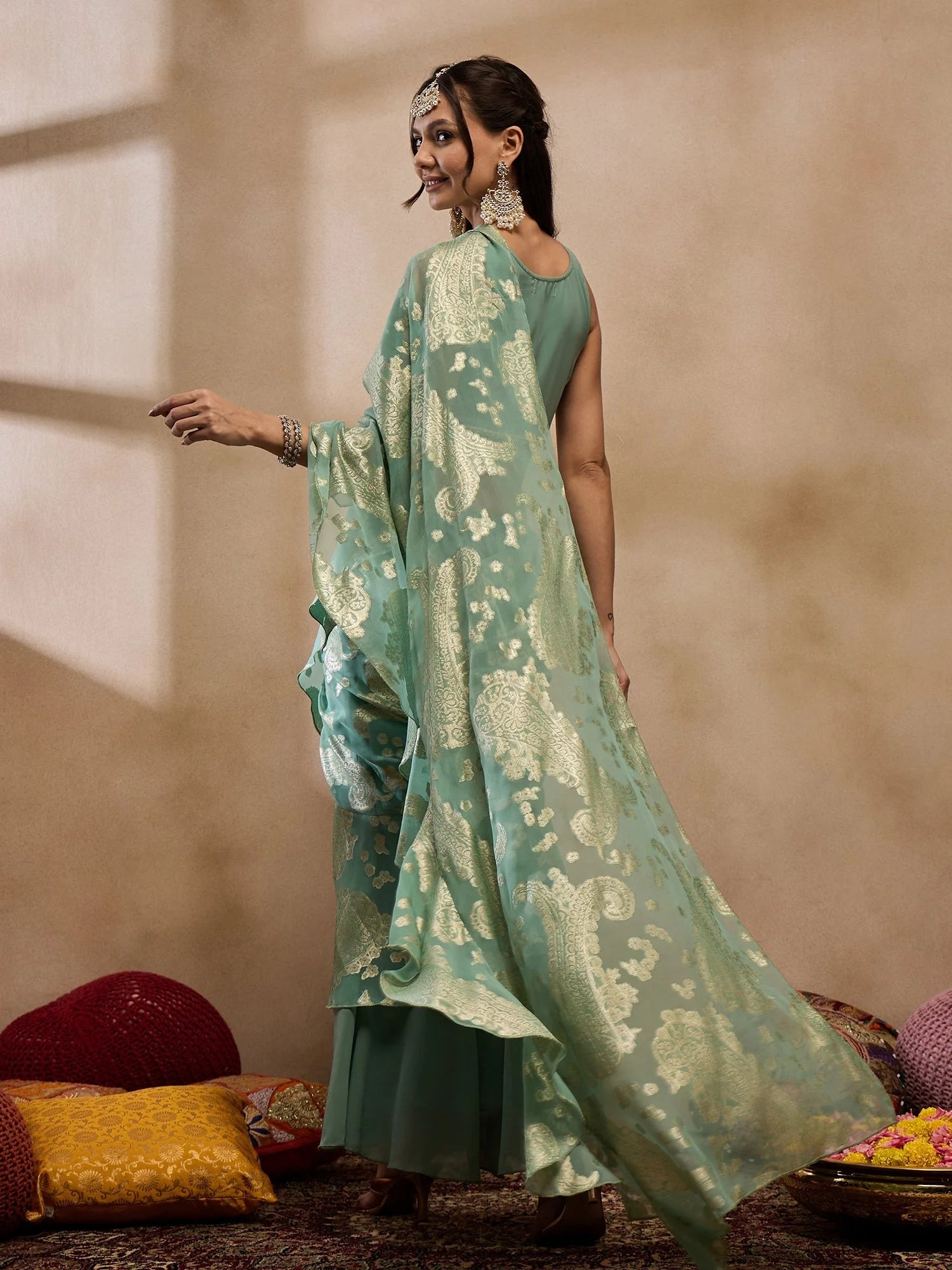 Sea Green Pre-Draped Indian Saree with Blouse | Designer Sarees
