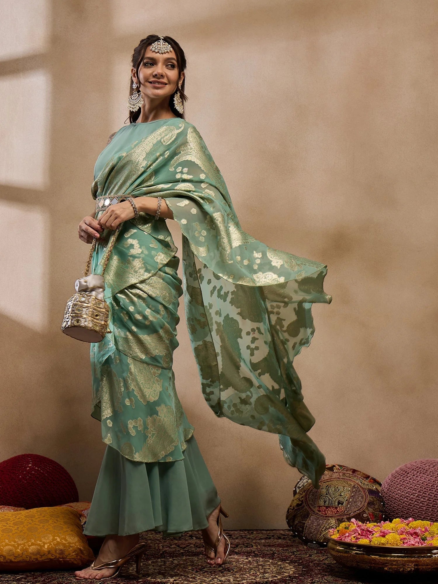 Sea Green Pre-Draped Indian Saree with Blouse | Designer Sarees