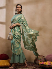 Pre-Draped Sarree With Blouse In Sea Green Color