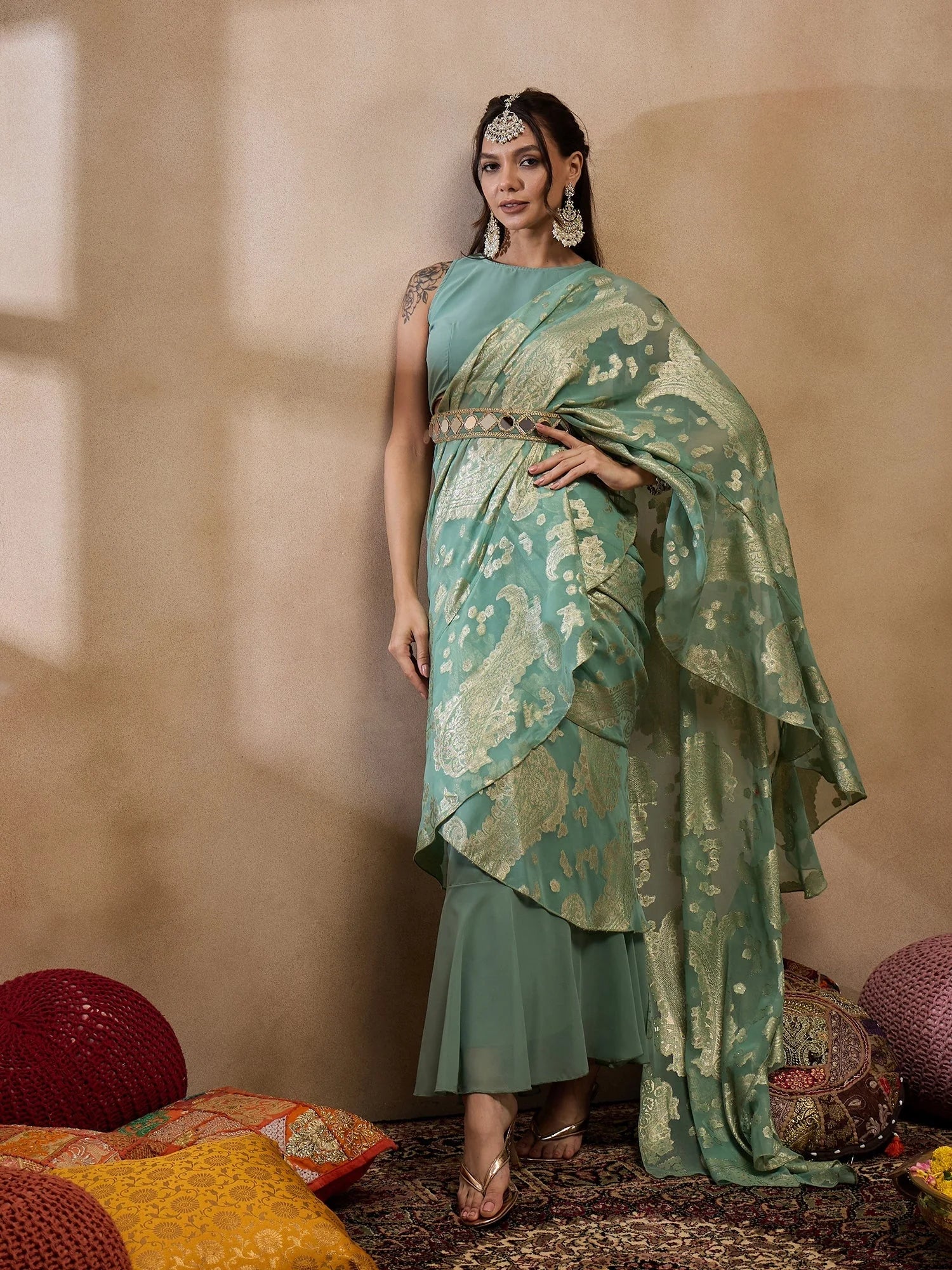 Sea Green Pre-Draped Indian Saree with Blouse | Designer Sarees