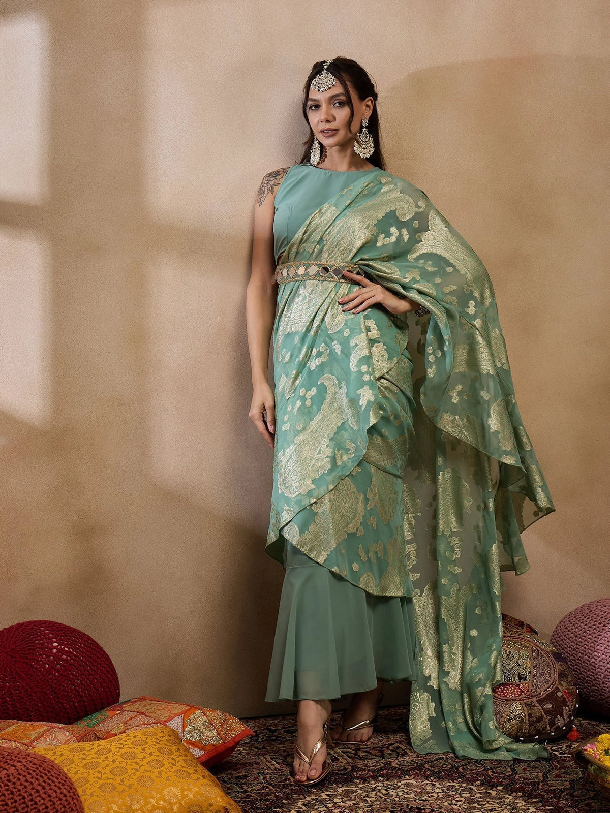 Pre-Draped Sarree With Blouse In Sea Green Color
