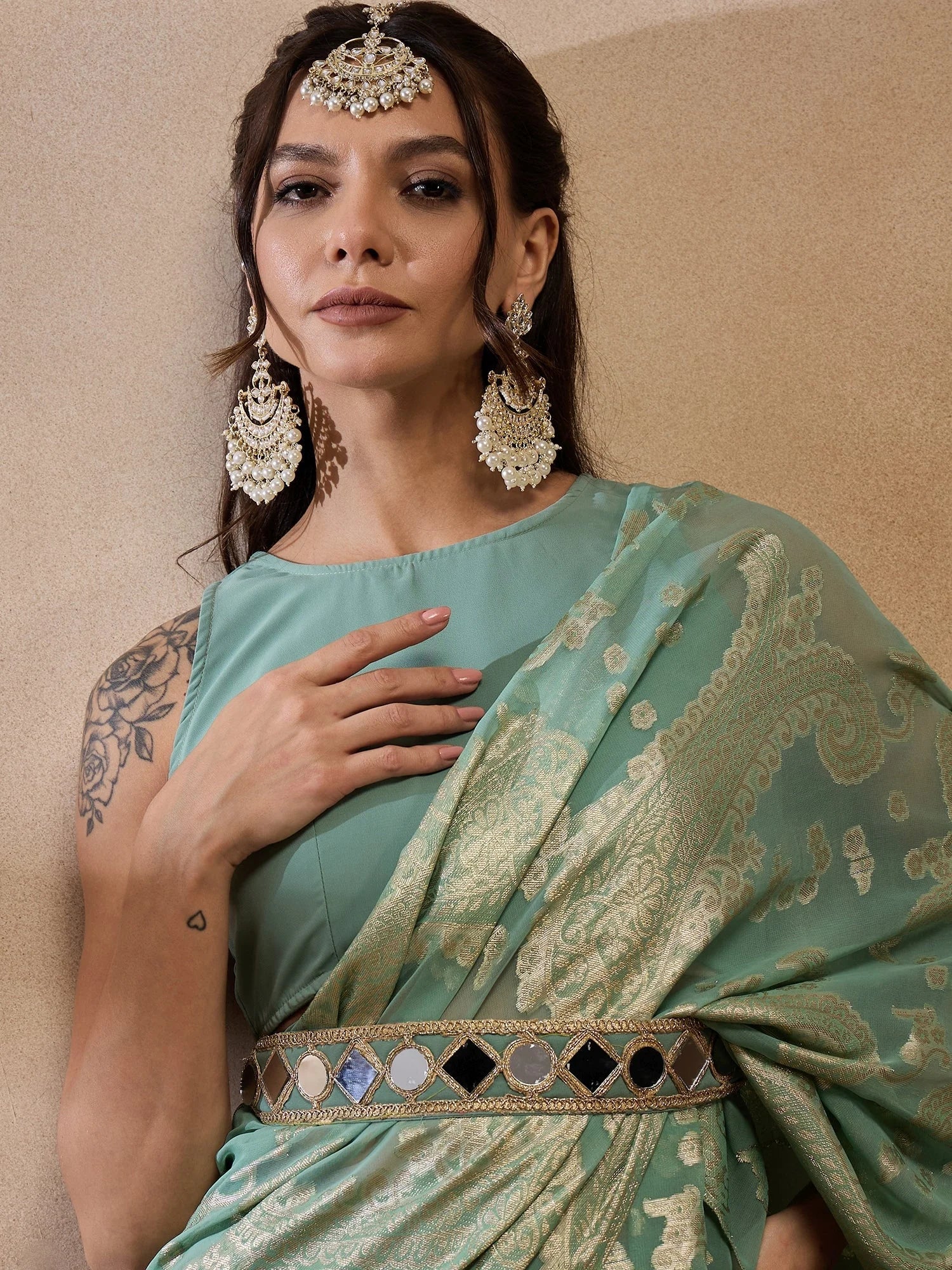 Sea Green Pre-Draped Indian Saree with Blouse | Designer Sarees