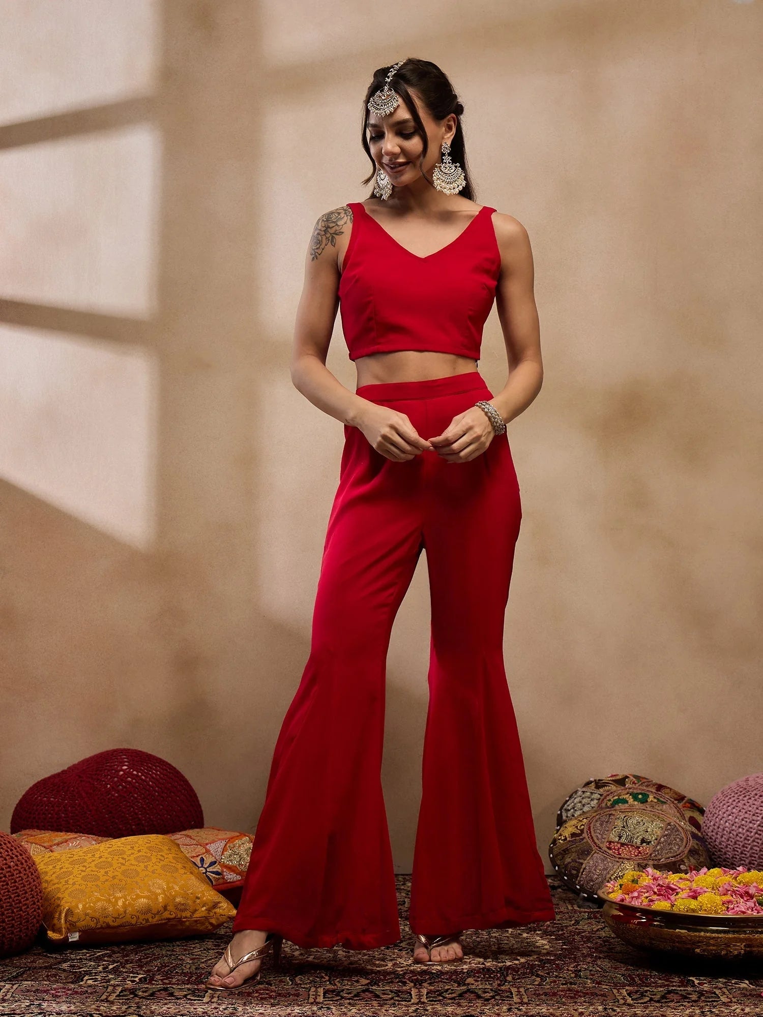 Red Crop Top Bell Bottom Pant & Jacket Set - Western Clothing